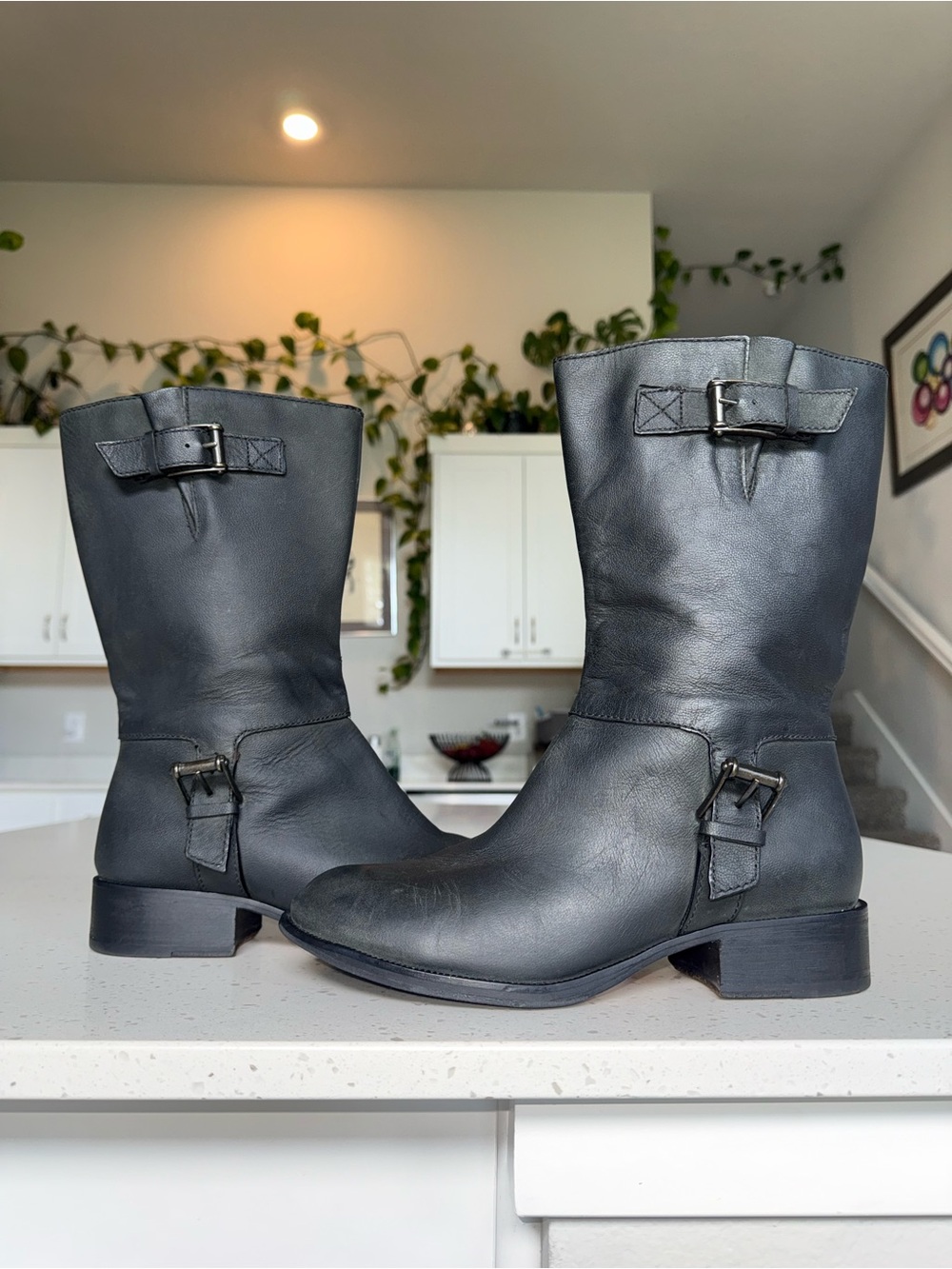 Cole Haan Air Leora Charcoal Black Leather Mid-Calf Buckle Boots